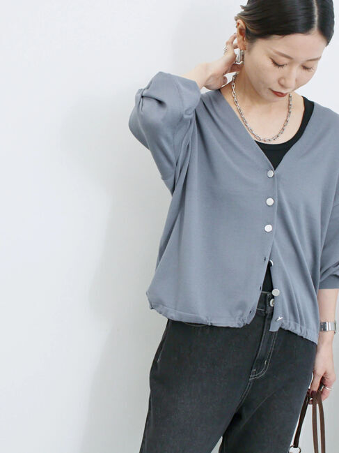 Samansa Mos2 blue「裾ドロストニットカーディガン」|カーディガン|