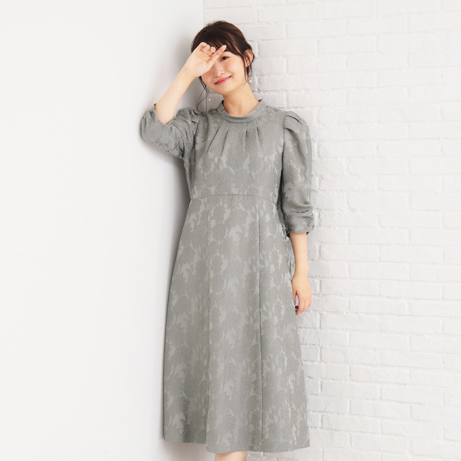 index「ハイネックジャカードフレアワンピース【洗濯機洗い可】」|ワンピース|グレー(012)