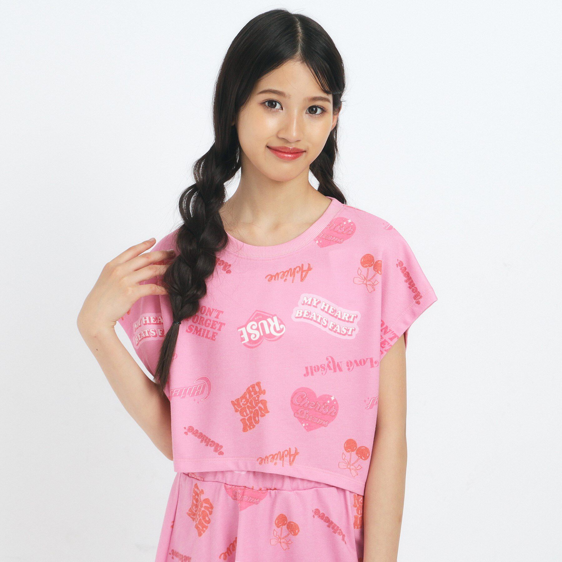 PINK-latte「【るーつくコラボ】総柄プリントフレンチスリーブプルオーバー」|Tシャツ・カットソー|ﾋﾟﾝｸ(071)