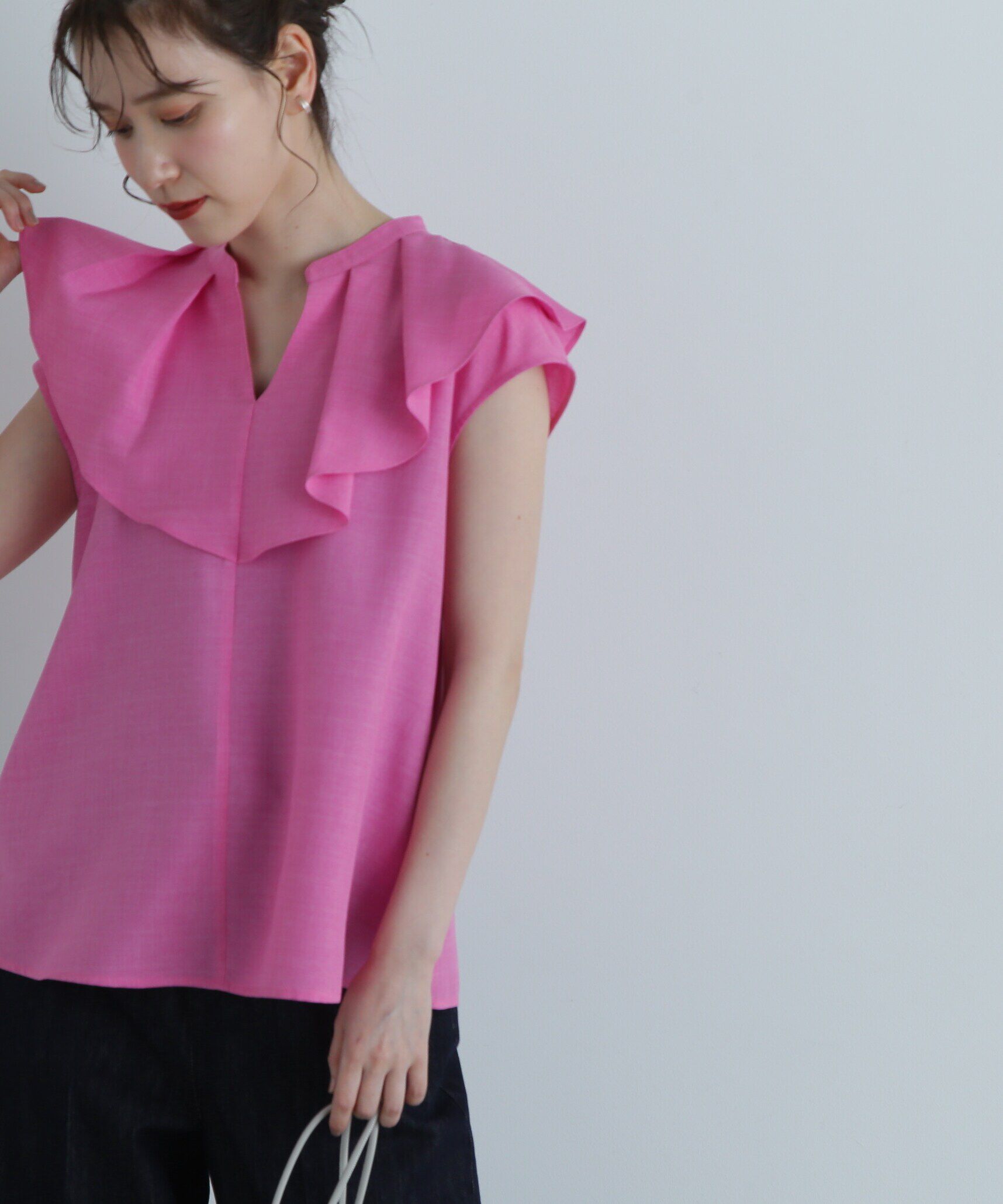  「ドライタッチポプリンフリルカラーブラウス」|シャツ・ブラウス|ピンク