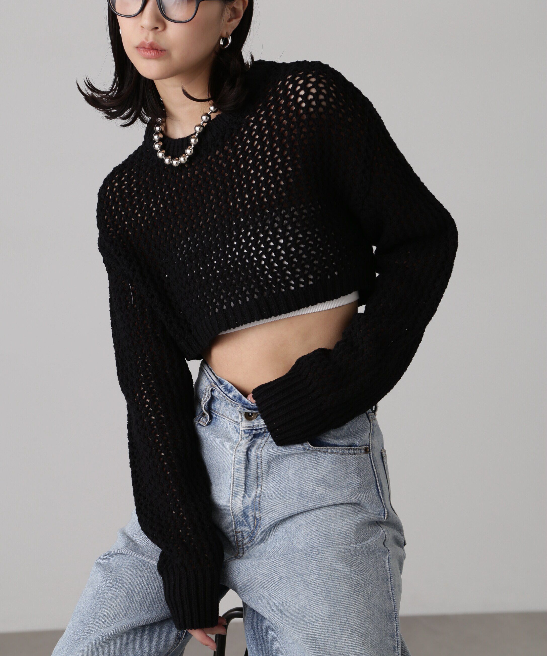  「ショート丈メッシュニットプルオーバー」|ニット・セーター|ブラック
