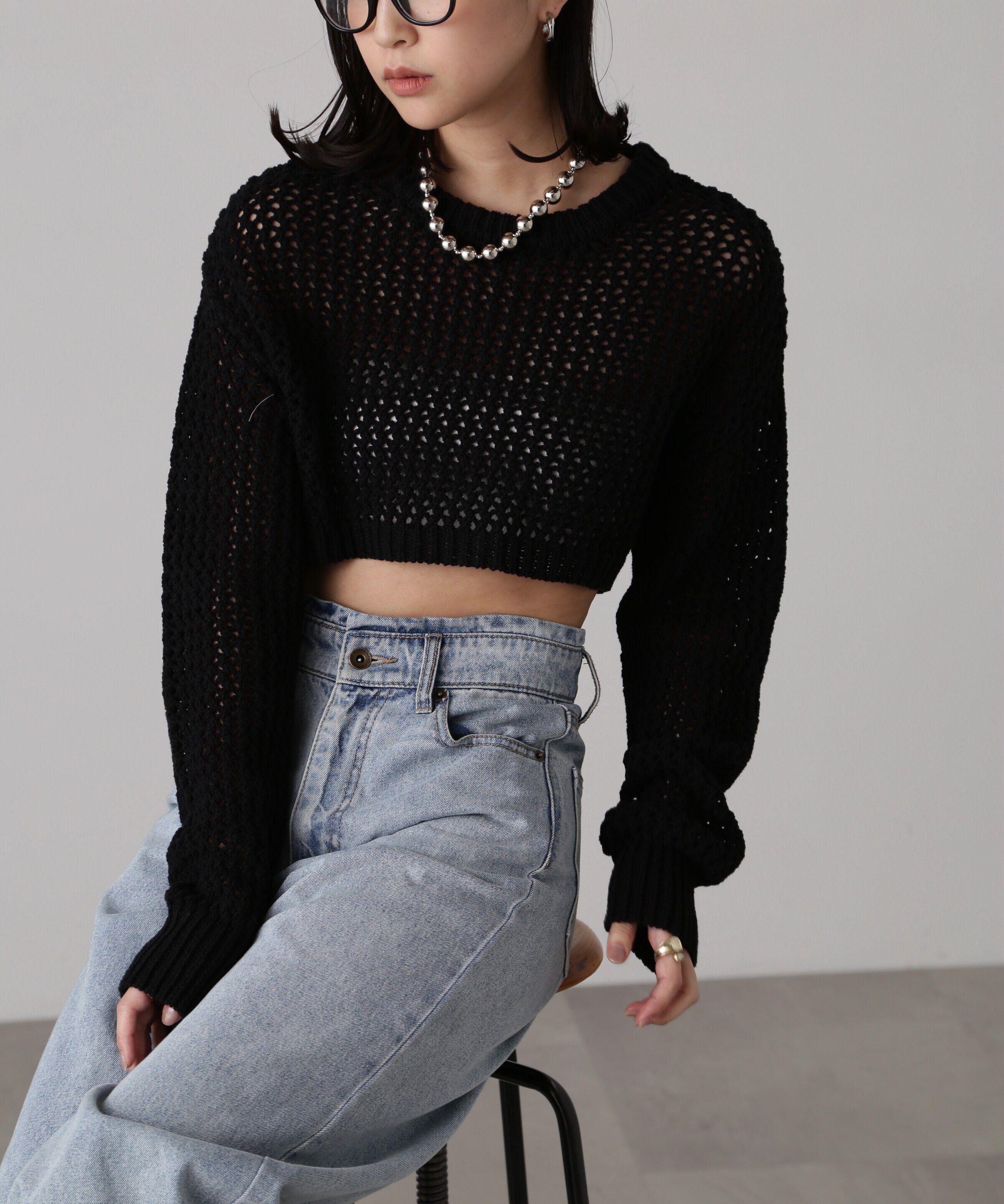  「ショート丈メッシュニットプルオーバー」|ニット・セーター|