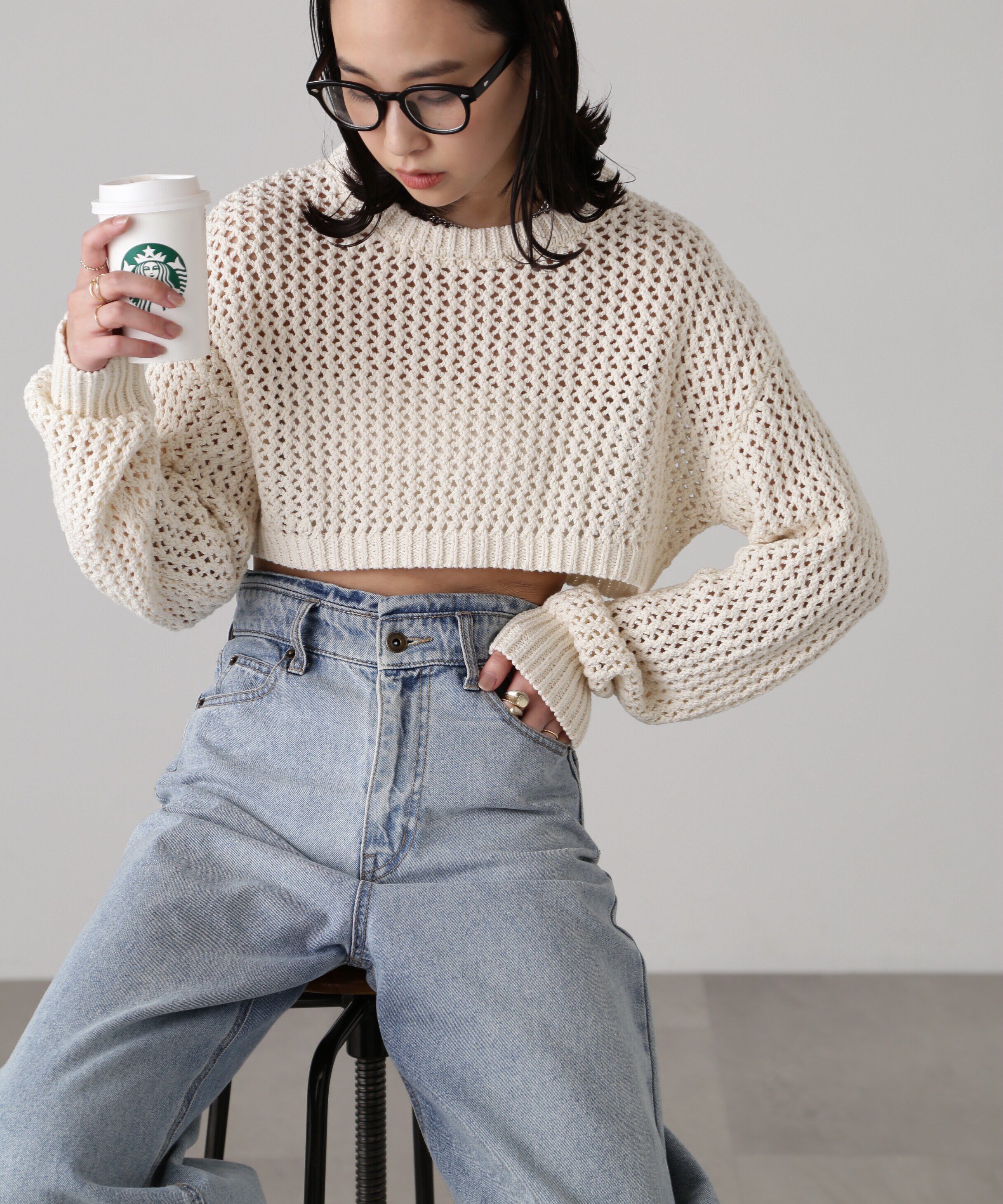  「ショート丈メッシュニットプルオーバー」|ニット・セーター|