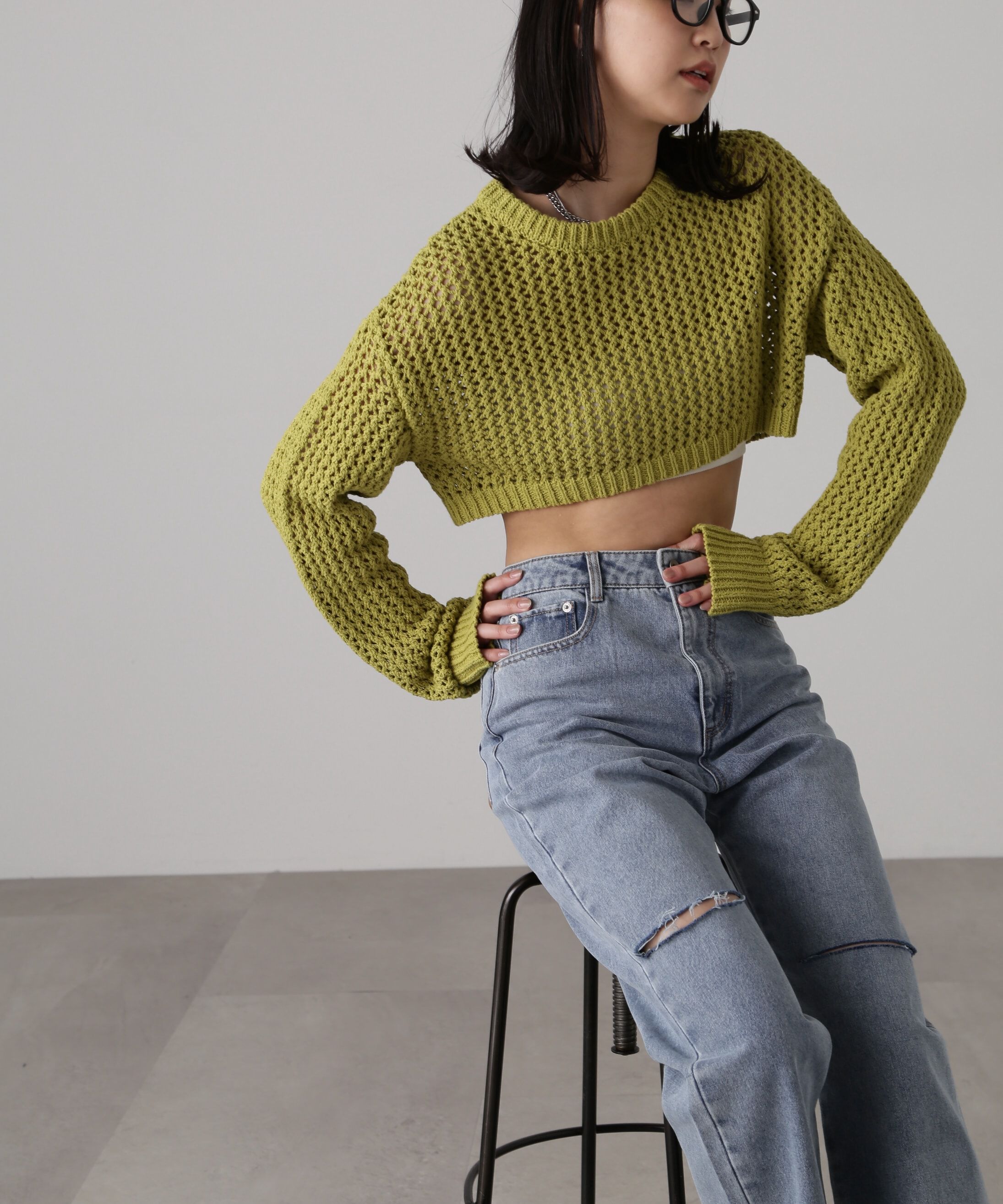  「ショート丈メッシュニットプルオーバー」|ニット・セーター|