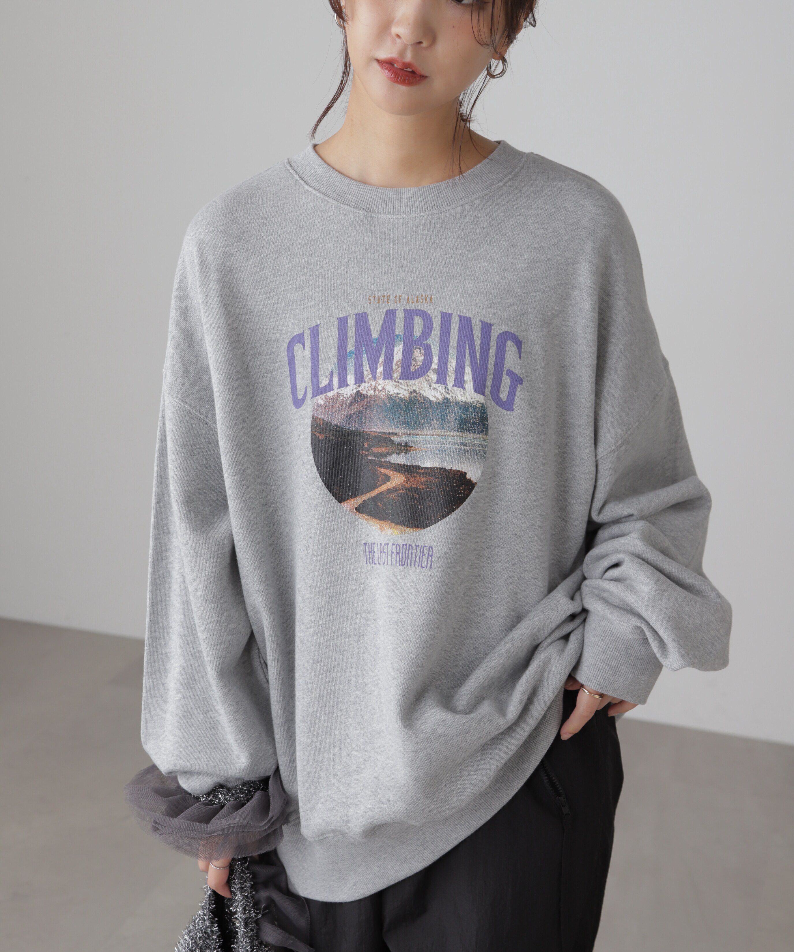  「マウンテンプリントビッグスウェット」|Tシャツ・カットソー|杢グレー