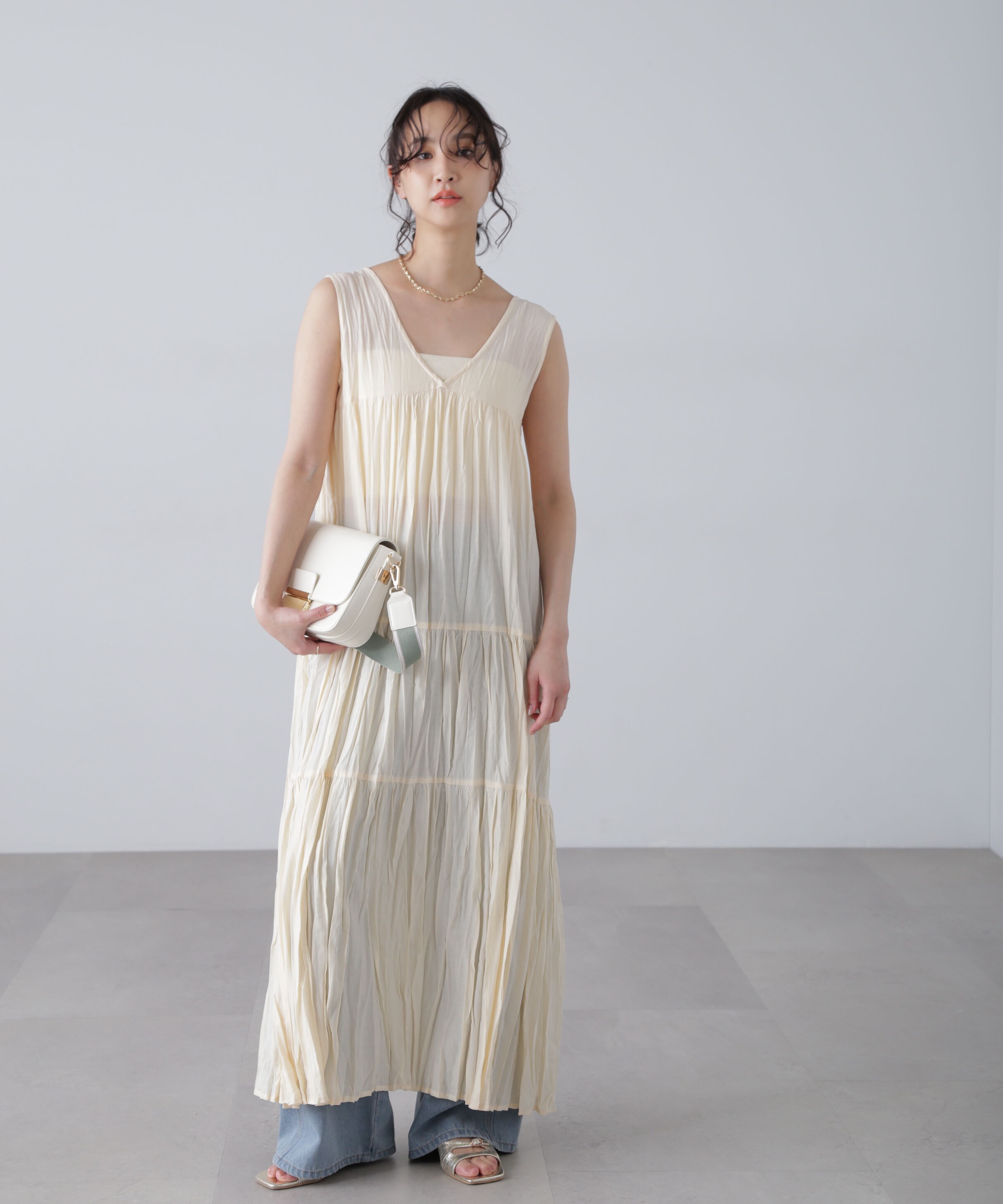  「ワッシャーティアードノースリーブワンピース」|ワンピース|