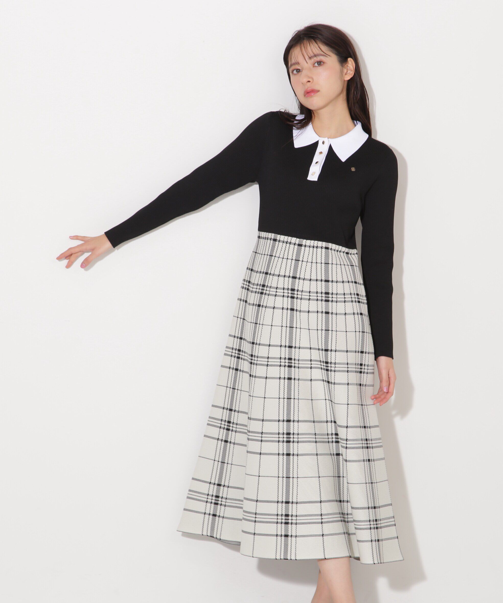 「ポロシャツ切り替えチェックニットワンピース」|ワンピース|