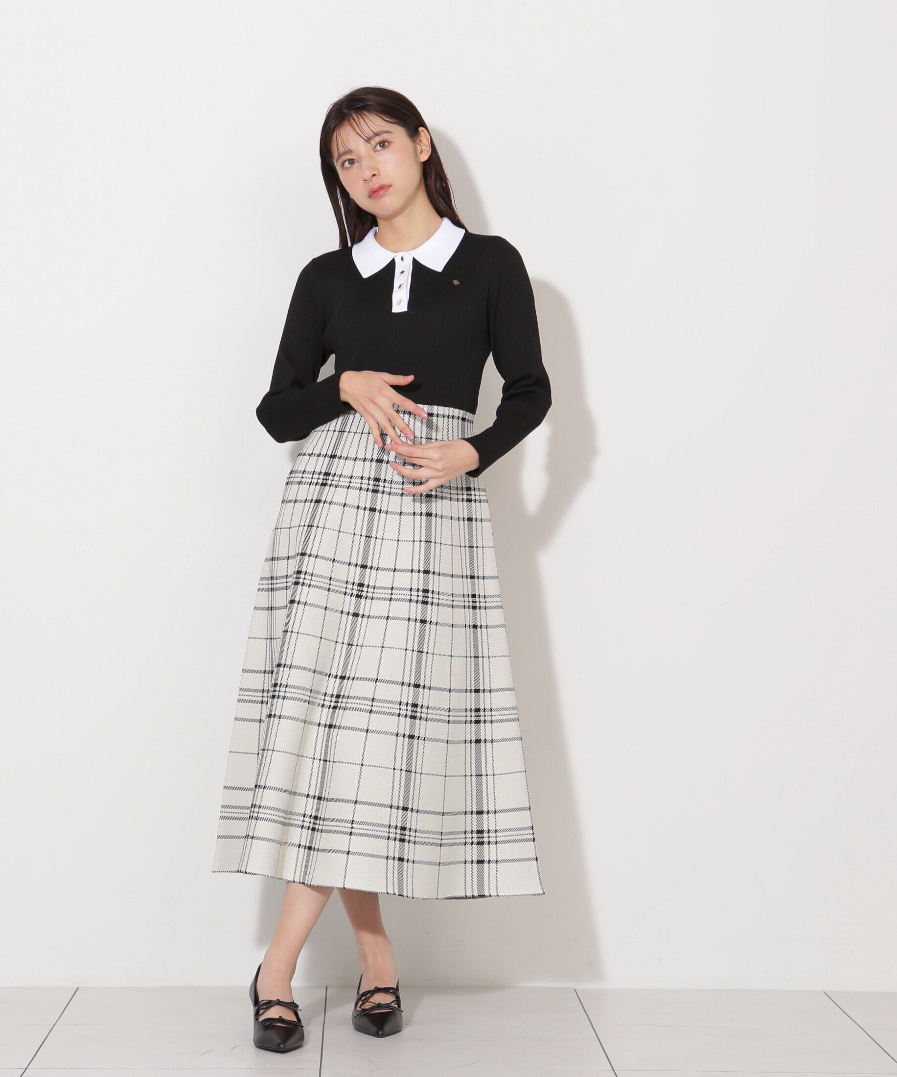  「ポロシャツ切り替えチェックニットワンピース」|ワンピース|
