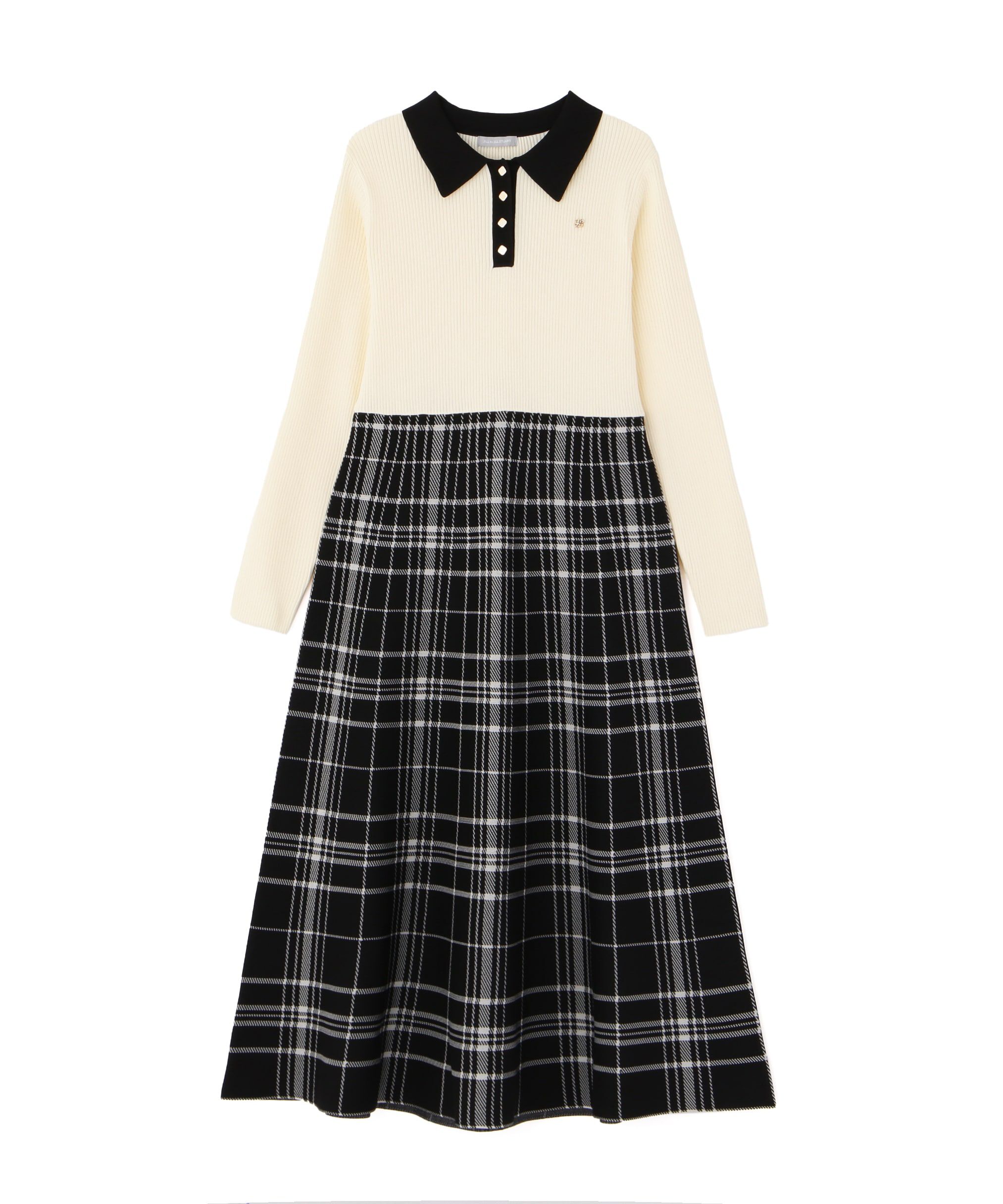  「ポロシャツ切り替えチェックニットワンピース」|ワンピース|