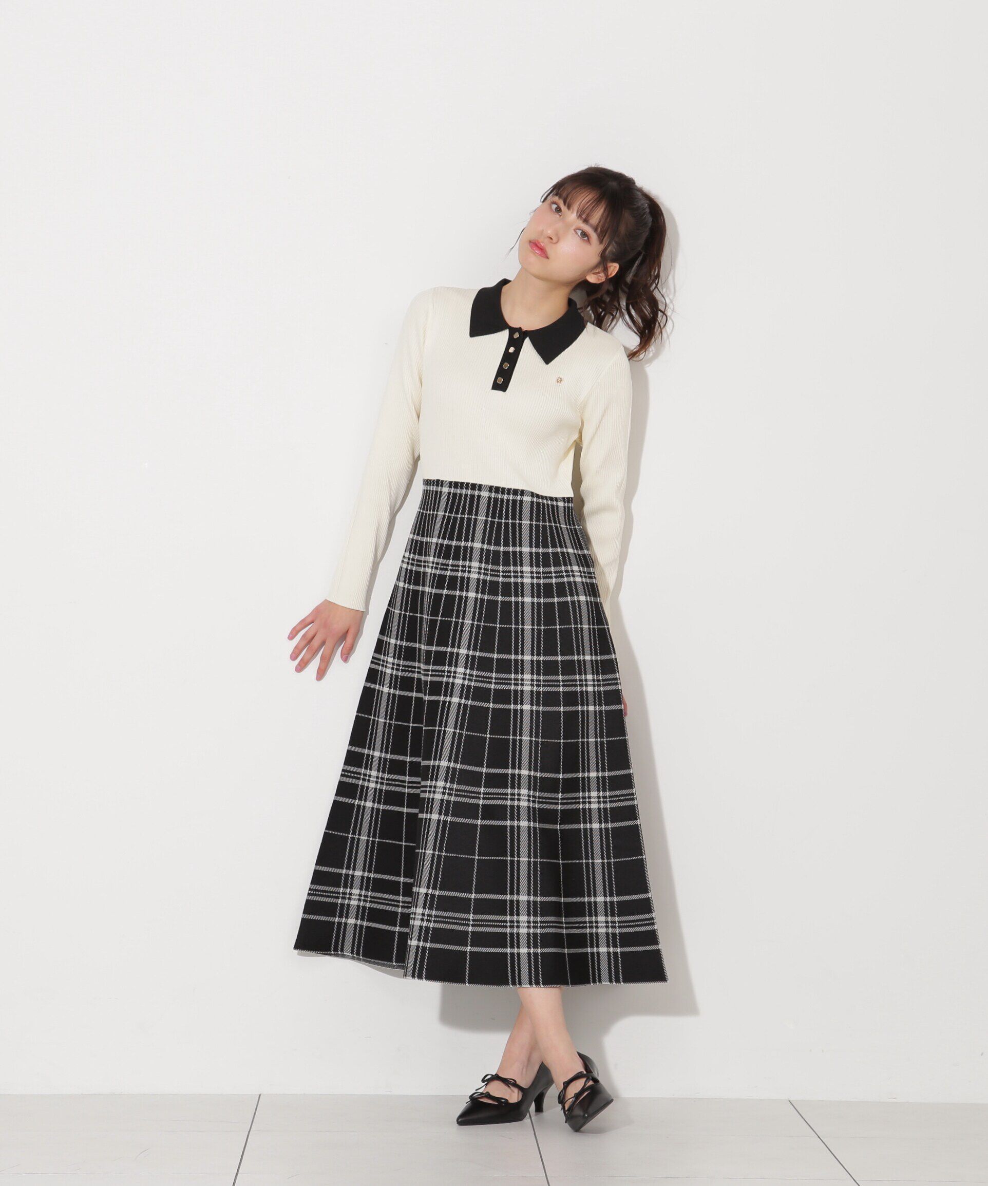  「ポロシャツ切り替えチェックニットワンピース」|ワンピース|