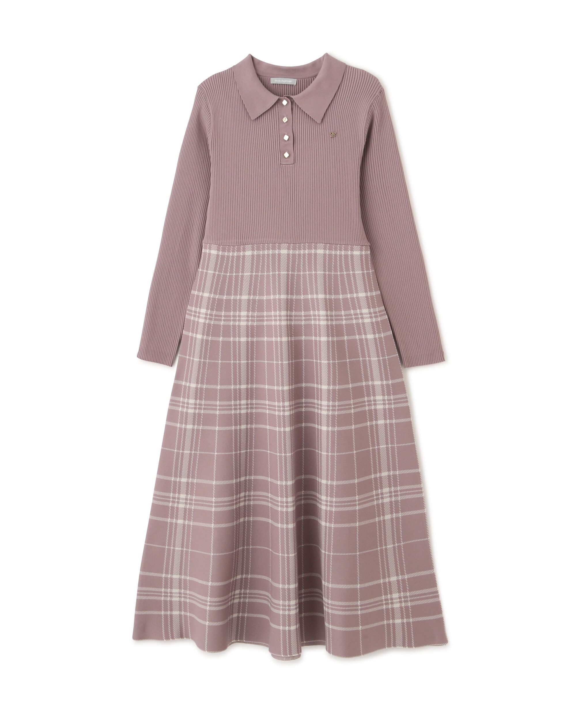  「ポロシャツ切り替えチェックニットワンピース」|ワンピース|