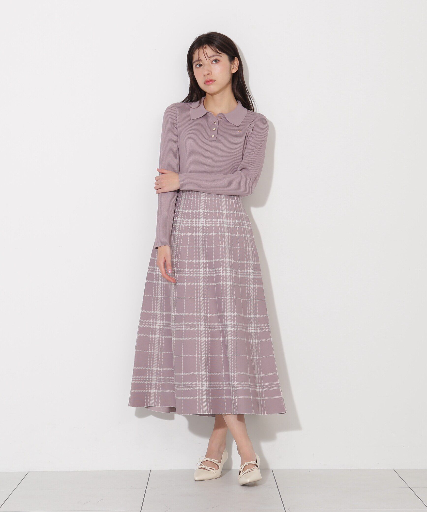  「ポロシャツ切り替えチェックニットワンピース」|ワンピース|
