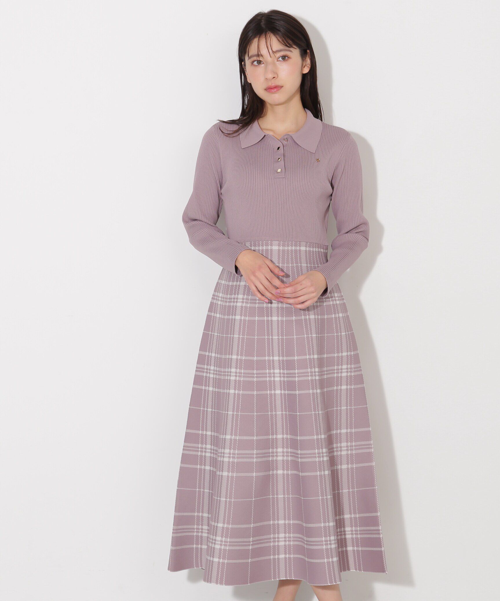  「ポロシャツ切り替えチェックニットワンピース」|ワンピース|