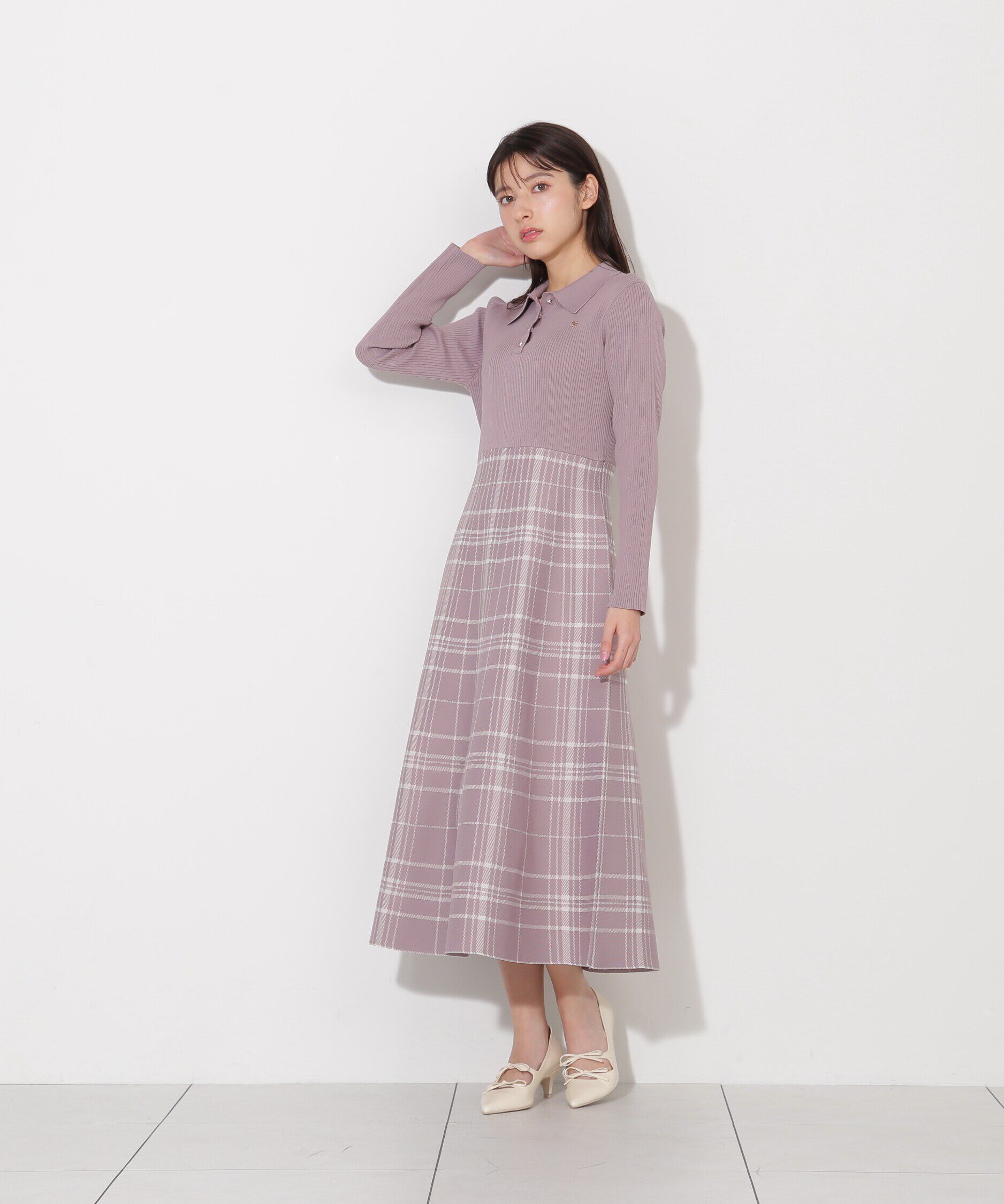  「ポロシャツ切り替えチェックニットワンピース」|ワンピース|