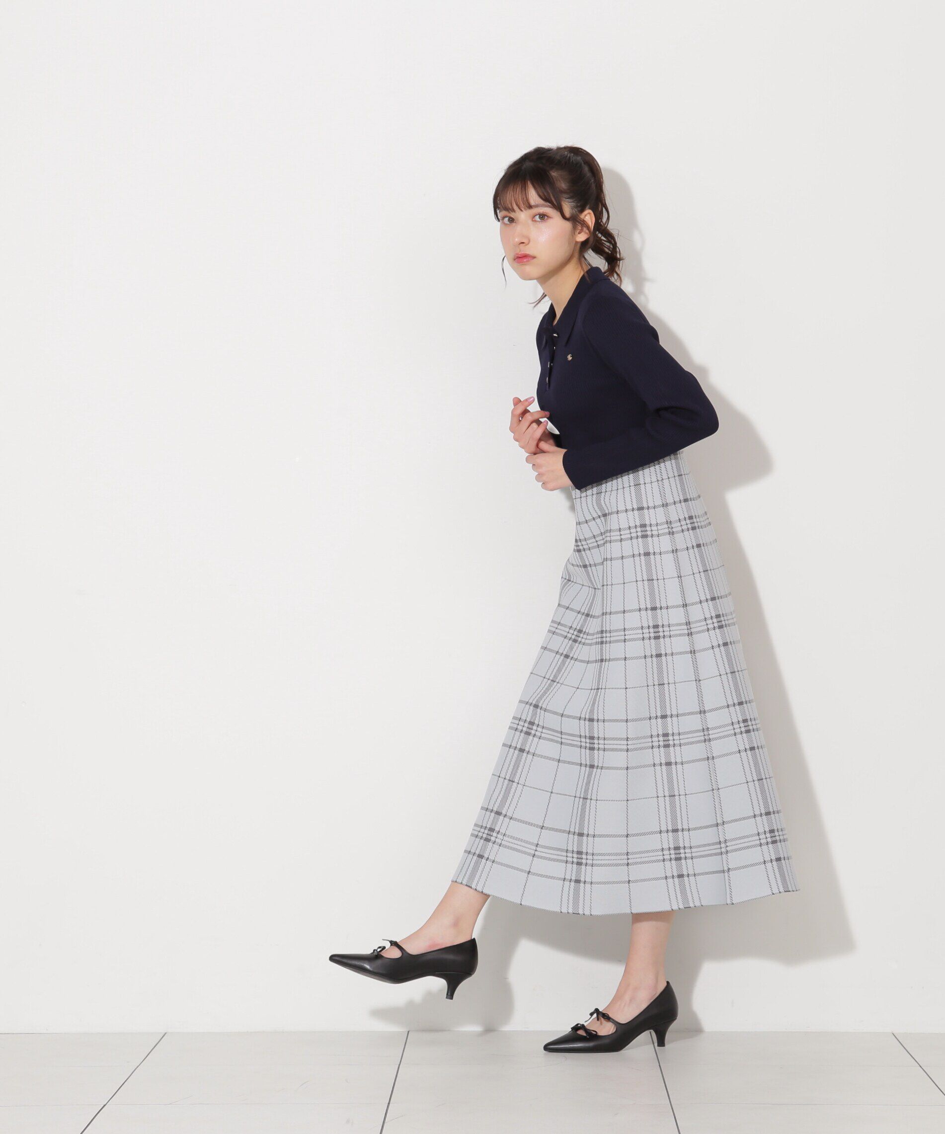  「ポロシャツ切り替えチェックニットワンピース」|ワンピース|