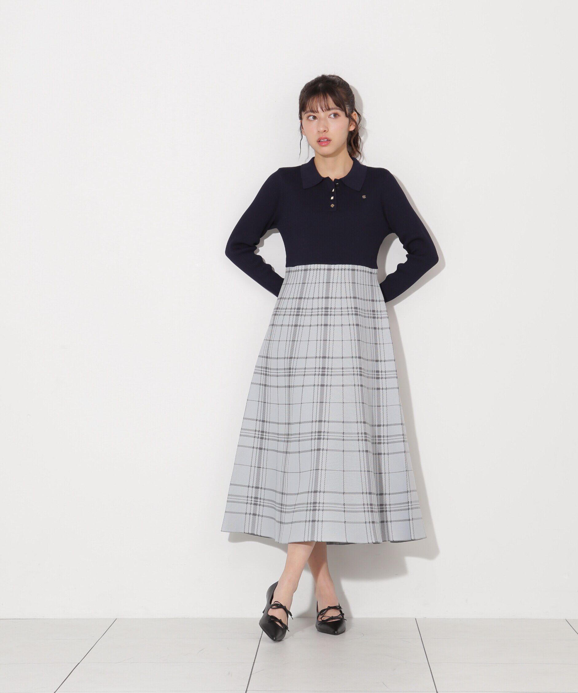  「ポロシャツ切り替えチェックニットワンピース」|ワンピース|