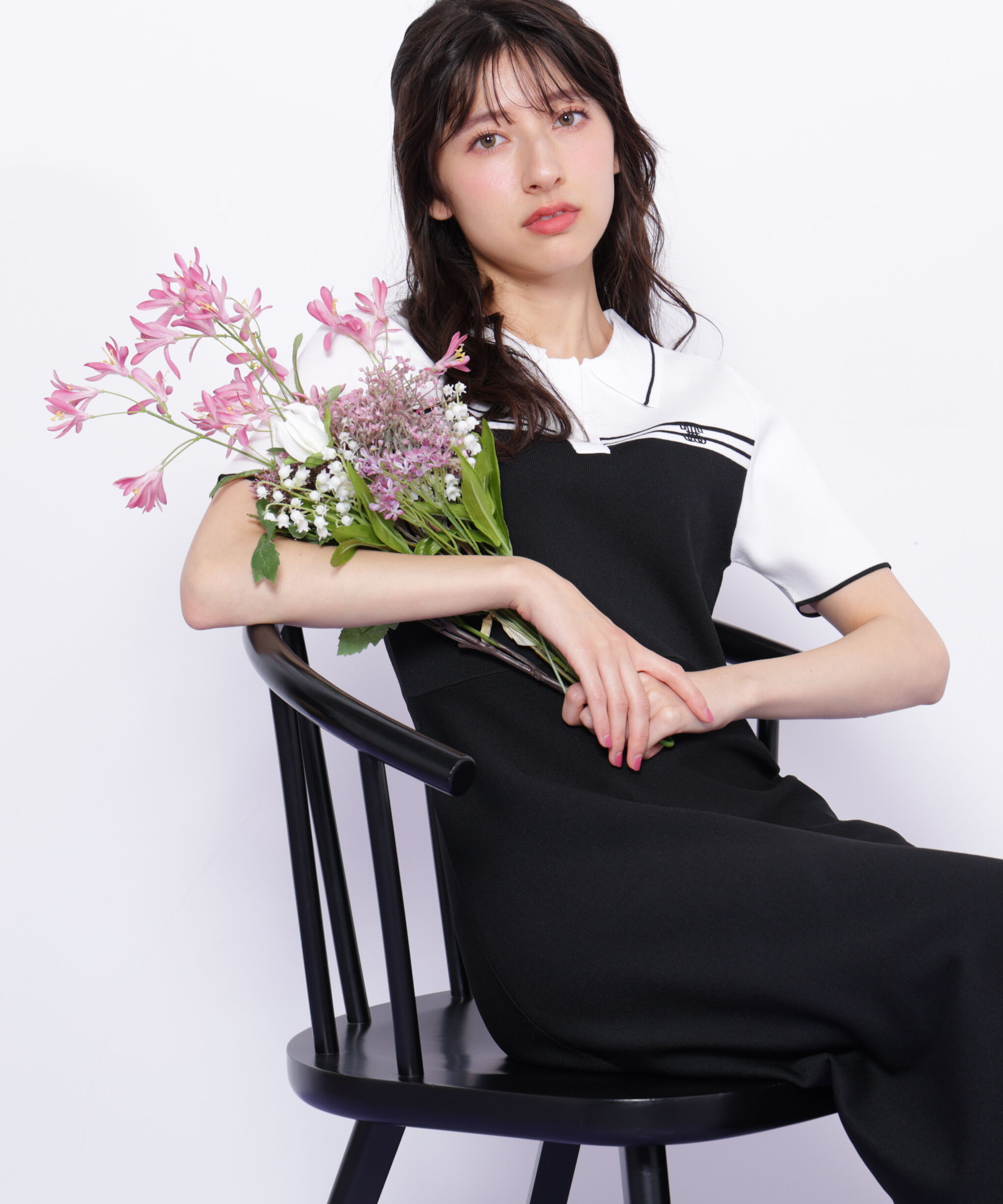  「配色切り替えポロシャツワンピース」|ワンピース|ブラック&times;ホワ
