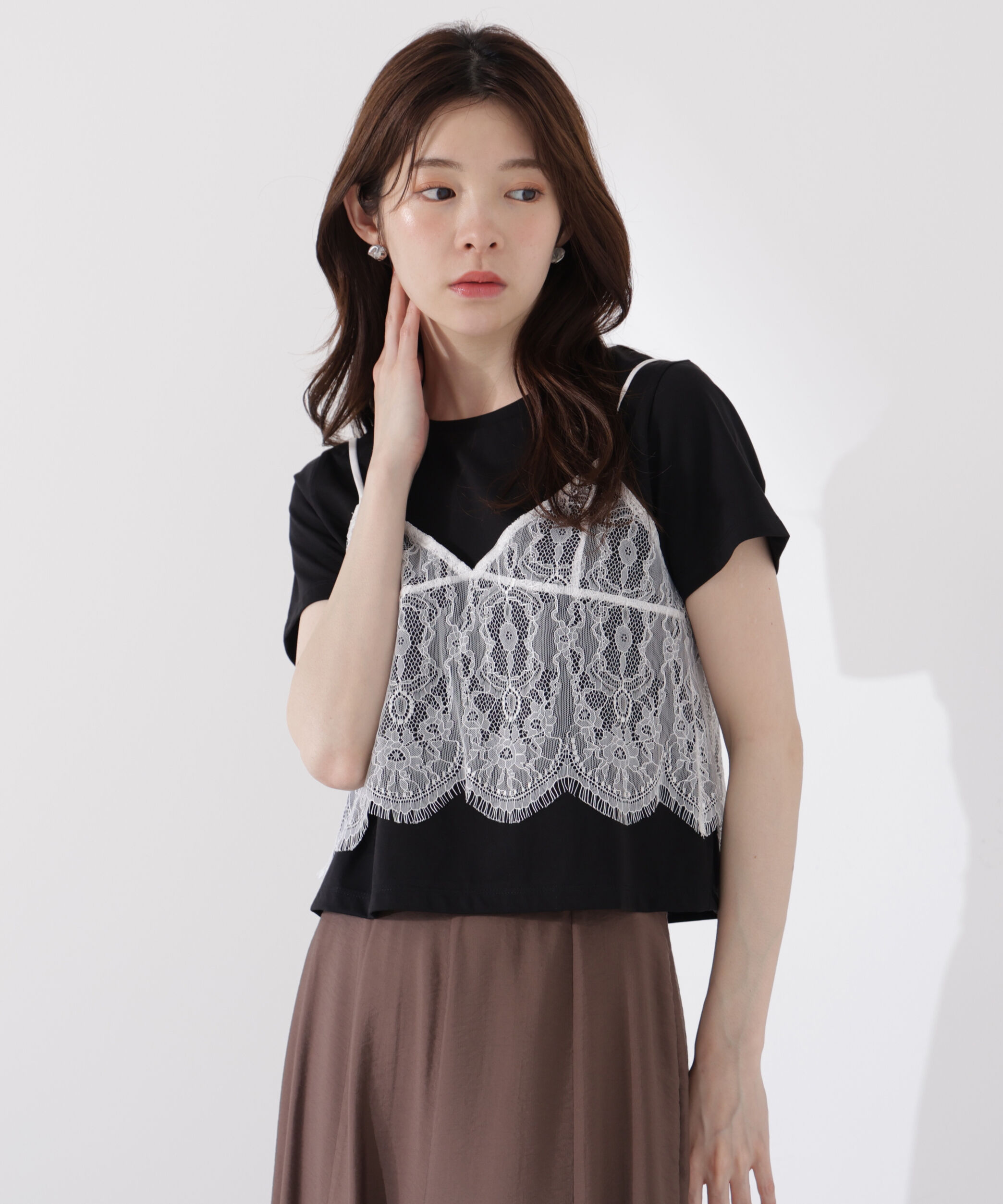 PROPORTION BODY DRESSING「レースキャミセットカットソー」|Tシャツ・カットソー|ブラック&times;ホワ