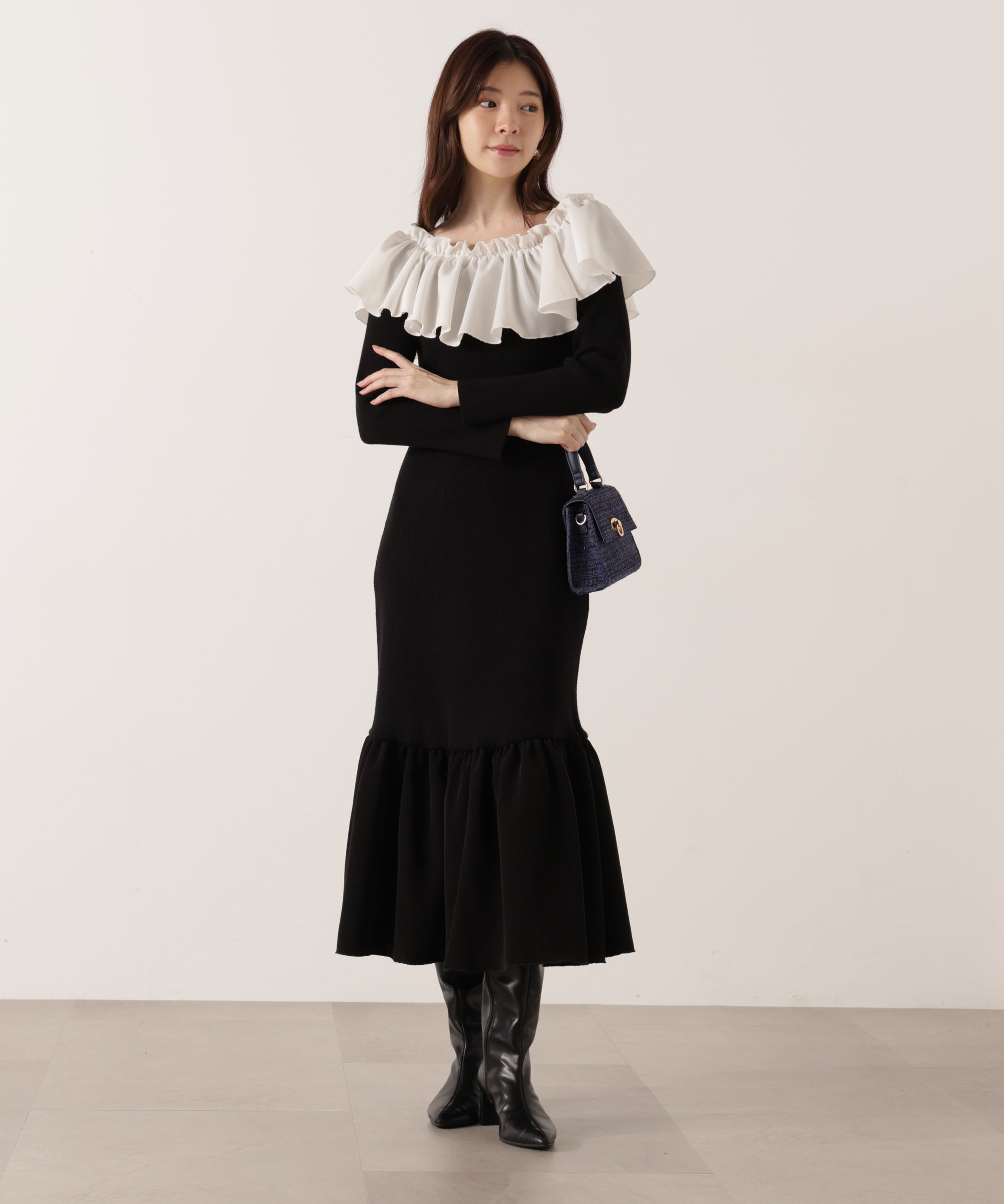 PROPORTION BODY DRESSING「2wayオフショルニットワンピース 25AW」|ワンピース|ブラック&times;ホワ