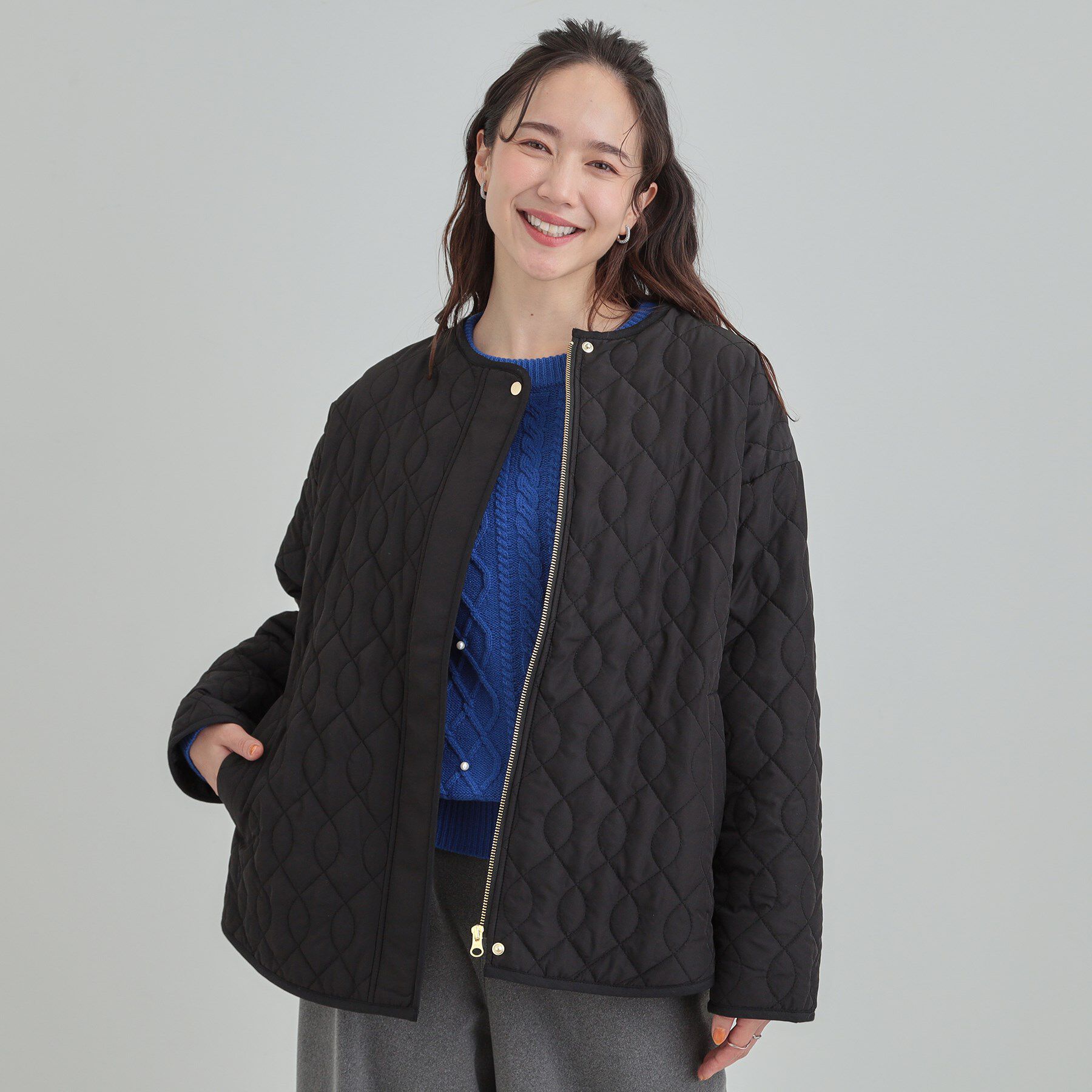 SHOO･LA･RUE「【洗濯機可/S-LL/撥水】大人が着たい ノーカラー キルトジャケット」|ノーカラージャケット|