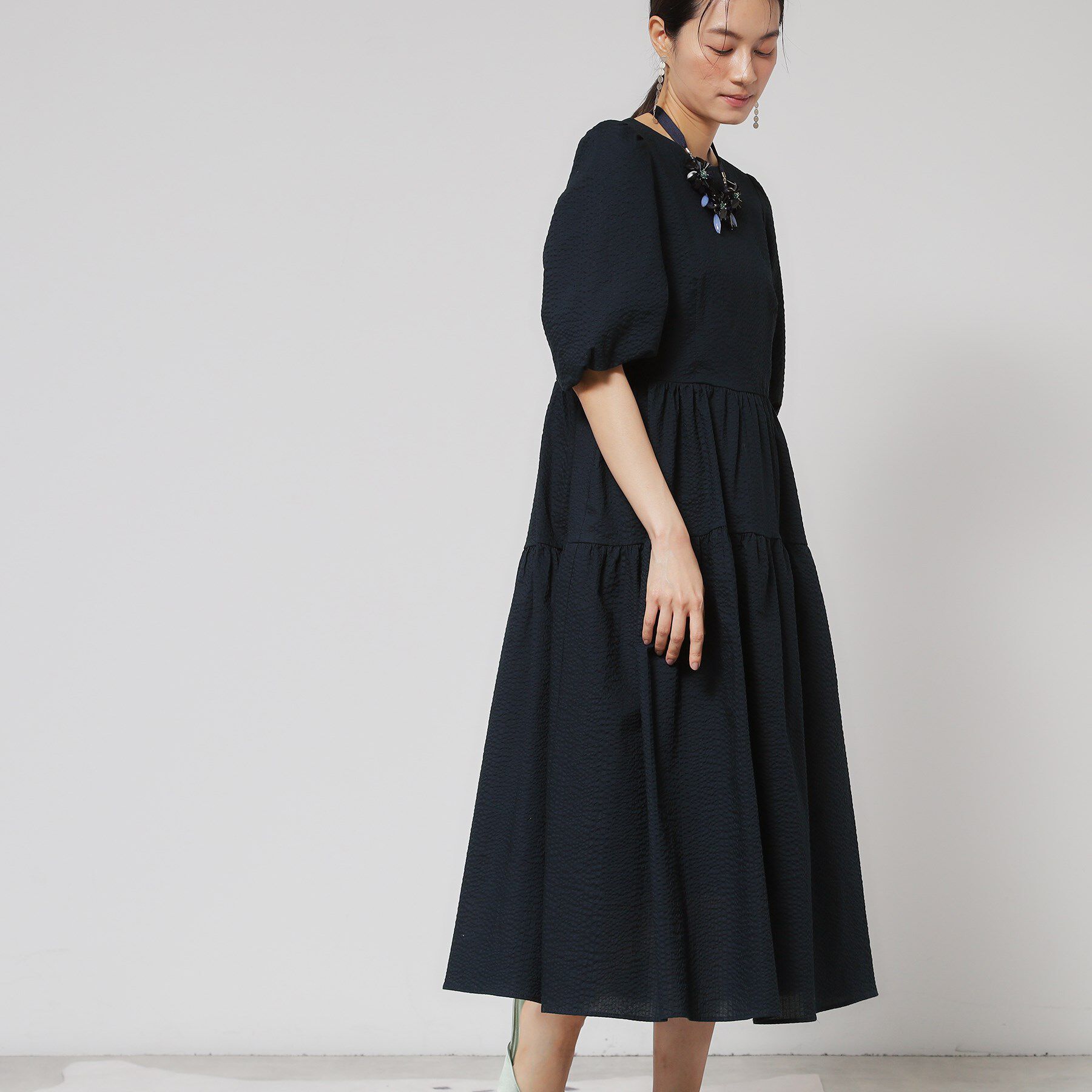 SunaUna「【涼し気！／サッカー素材】パフスリーブワンピース」|ワンピース|