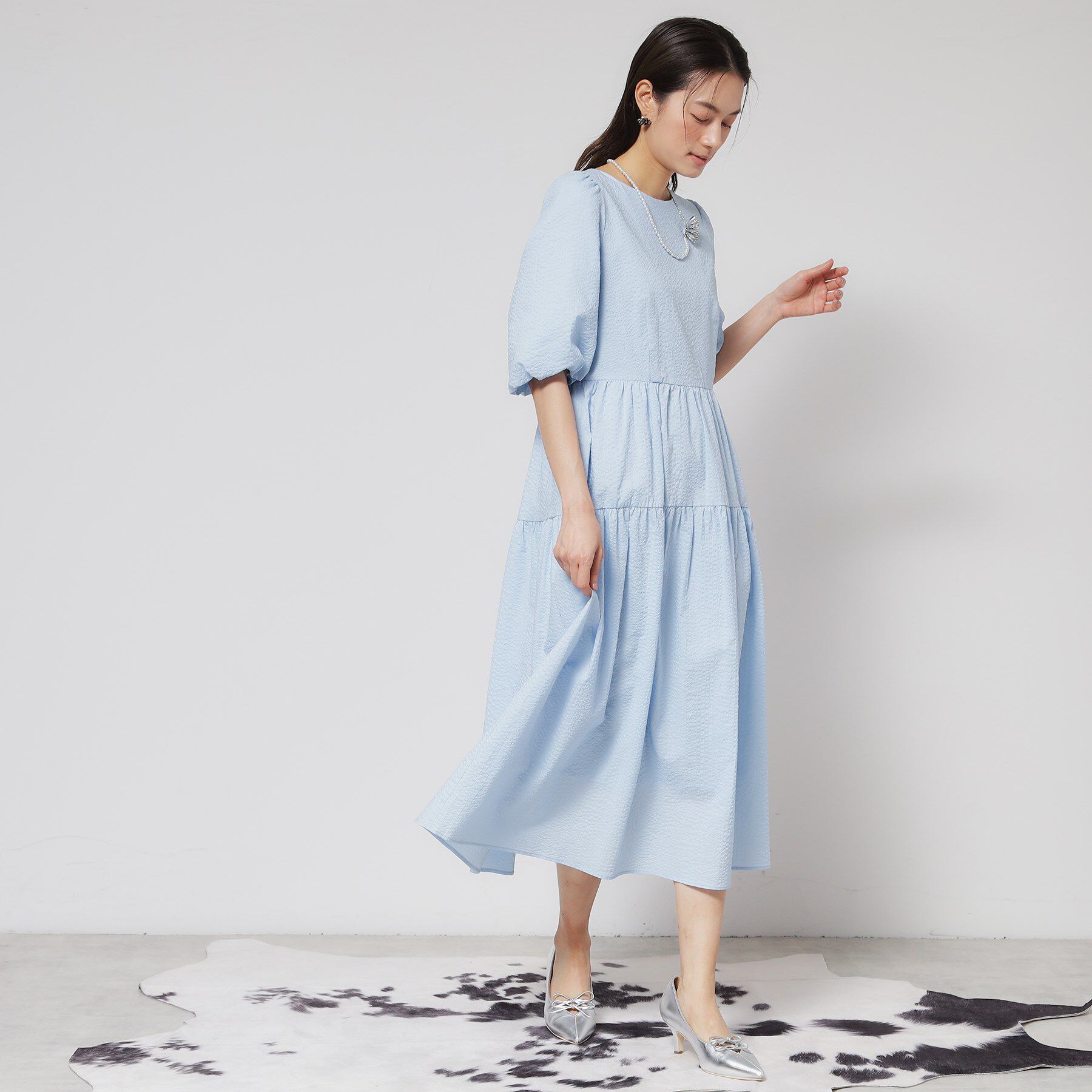 SunaUna「【涼し気！／サッカー素材】パフスリーブワンピース」|ワンピース|