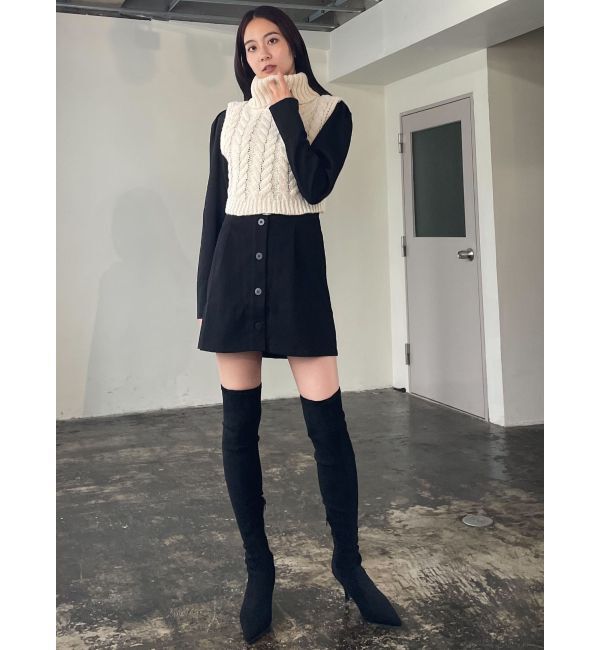 EMODA「ノーカラーシャツワンピース&times;タートルケーブルニットベスト」|ワンピース|