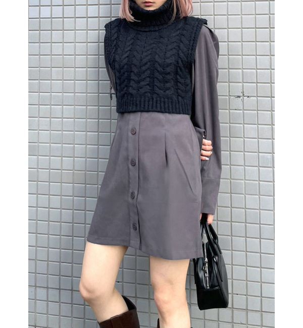 EMODA「ノーカラーシャツワンピース&times;タートルケーブルニットベスト」|ワンピース|