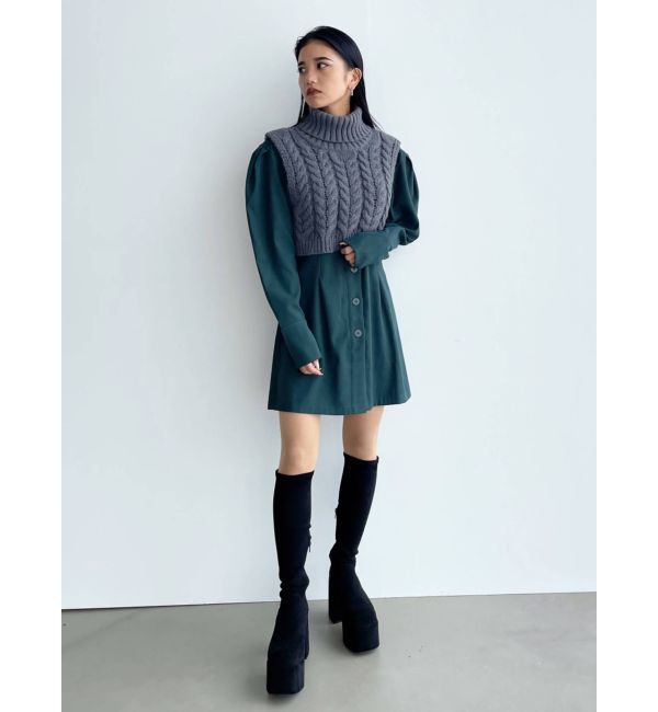 EMODA「ノーカラーシャツワンピース&times;タートルケーブルニットベスト」|ワンピース|