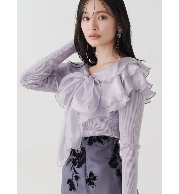 MERCURYDUO「異素材ラッフルリボンリブニット」|ニット・セーター|ラベンダー