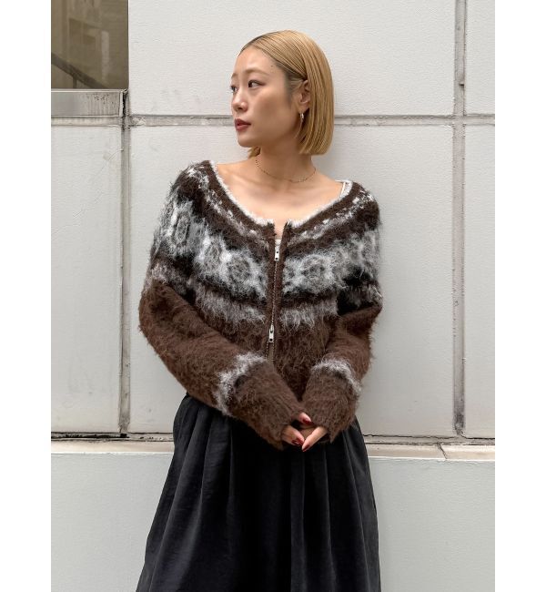 Ungrid「【WEB限定】求心柄ショートジップニット」|ニット・セーター|ブラウン