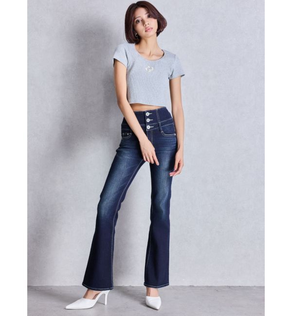 GYDA「NEWハイウエストBACKクロスフレアパンツ」|デニム|