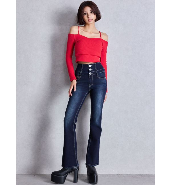 GYDA「NEWハイウエストBACKクロスフレアパンツ」|デニム|