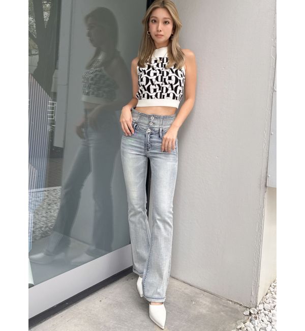 GYDA「NEWハイウエストBACKクロスフレアパンツ」|デニム|