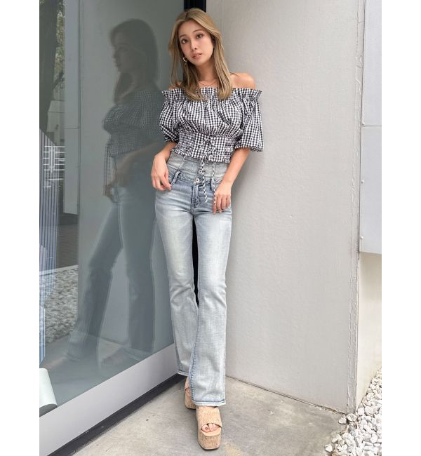 GYDA「NEWハイウエストBACKクロスフレアパンツ」|デニム|