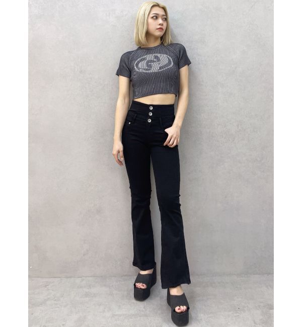 GYDA「NEWハイウエストBACKクロスフレアパンツ」|デニム|