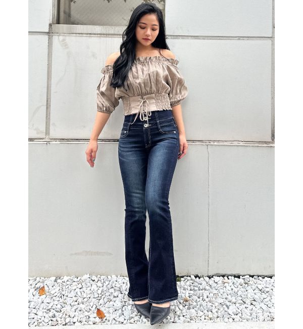 GYDA「NEWハイウエストBACKクロスフレアパンツ」|デニム|