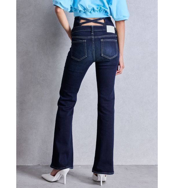 GYDA「NEWハイウエストBACKクロスフレアパンツ」|デニム|インディゴ