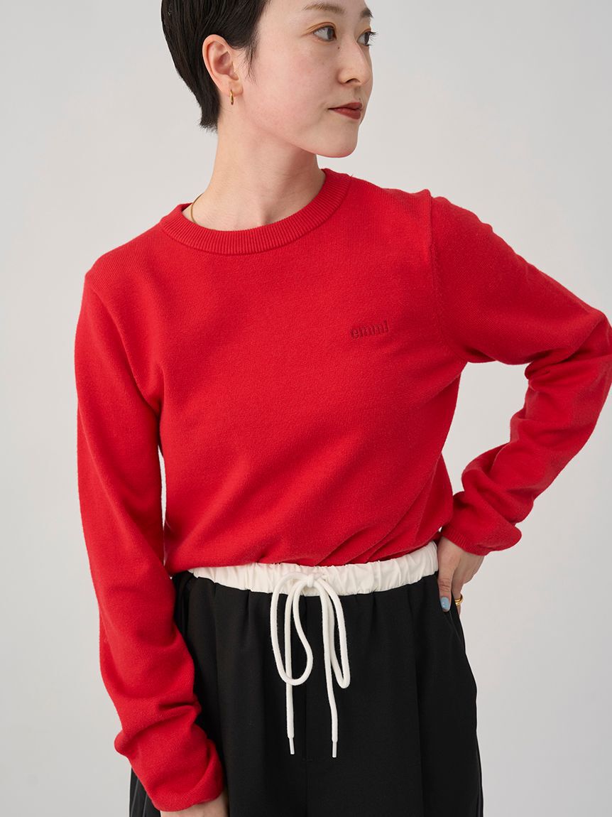 emmi atelier「ウール混emmiロゴクルーネックニットトップス」|ニット・セーター|RED