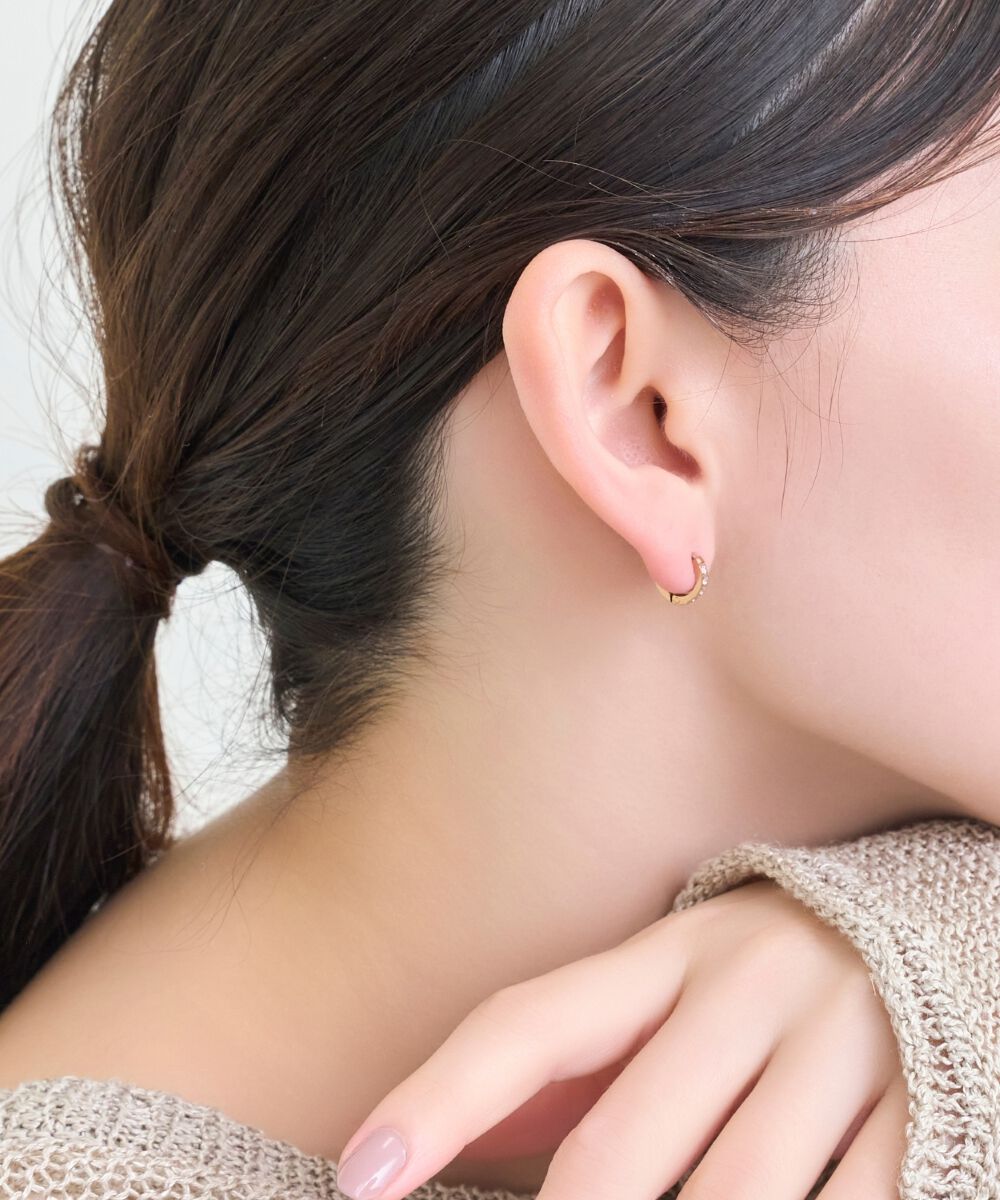 Phoebe「【金属アレルギー対応】ワンタッチビジューフープミニピアス　ローズゴールド/サージカルステンレス」|ピアス|