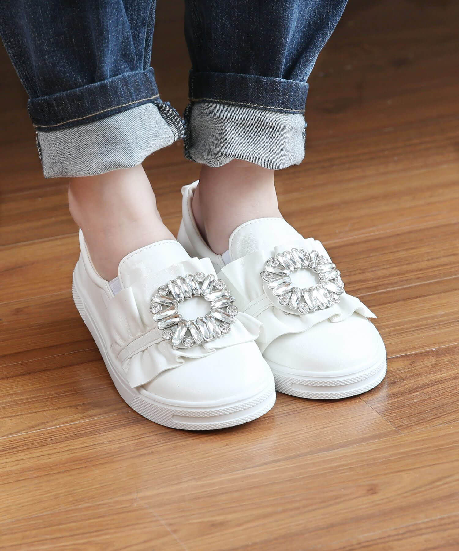 BACKYARD FAMILY「キッズ スリッポン 女の子 通販 紐なしスニーカー 57062202 白 ホワイト ビジュー」|スリッポン|