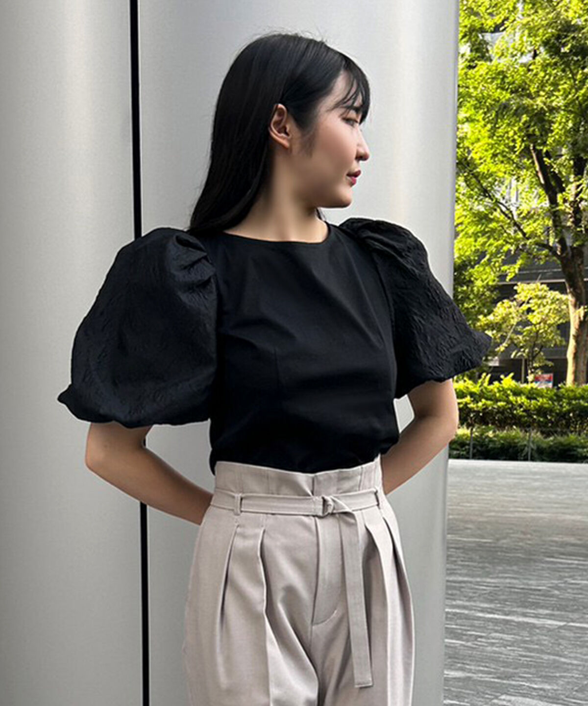 アンドクチュール「袖ジャガードパフスリーブトップス」|Tシャツ・カットソー|ブラック