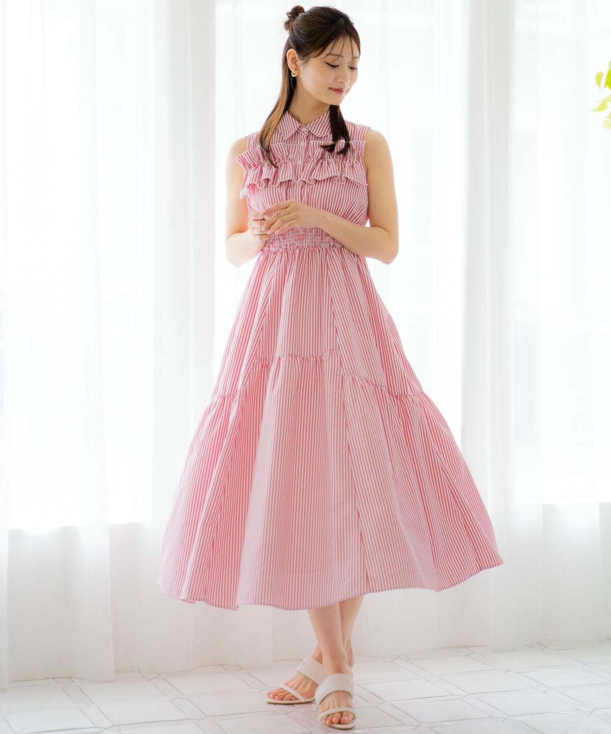 アンドクチュール「ヨークフリルストライプシャツワンピース」|ワンピース|