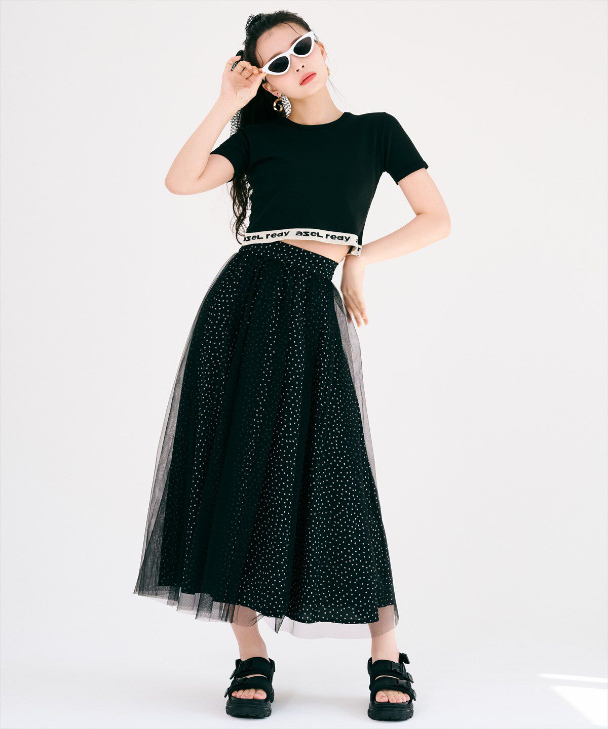 REDYAZEL「ドット&times;チュールフレアスカート」|フレア|黒系その他