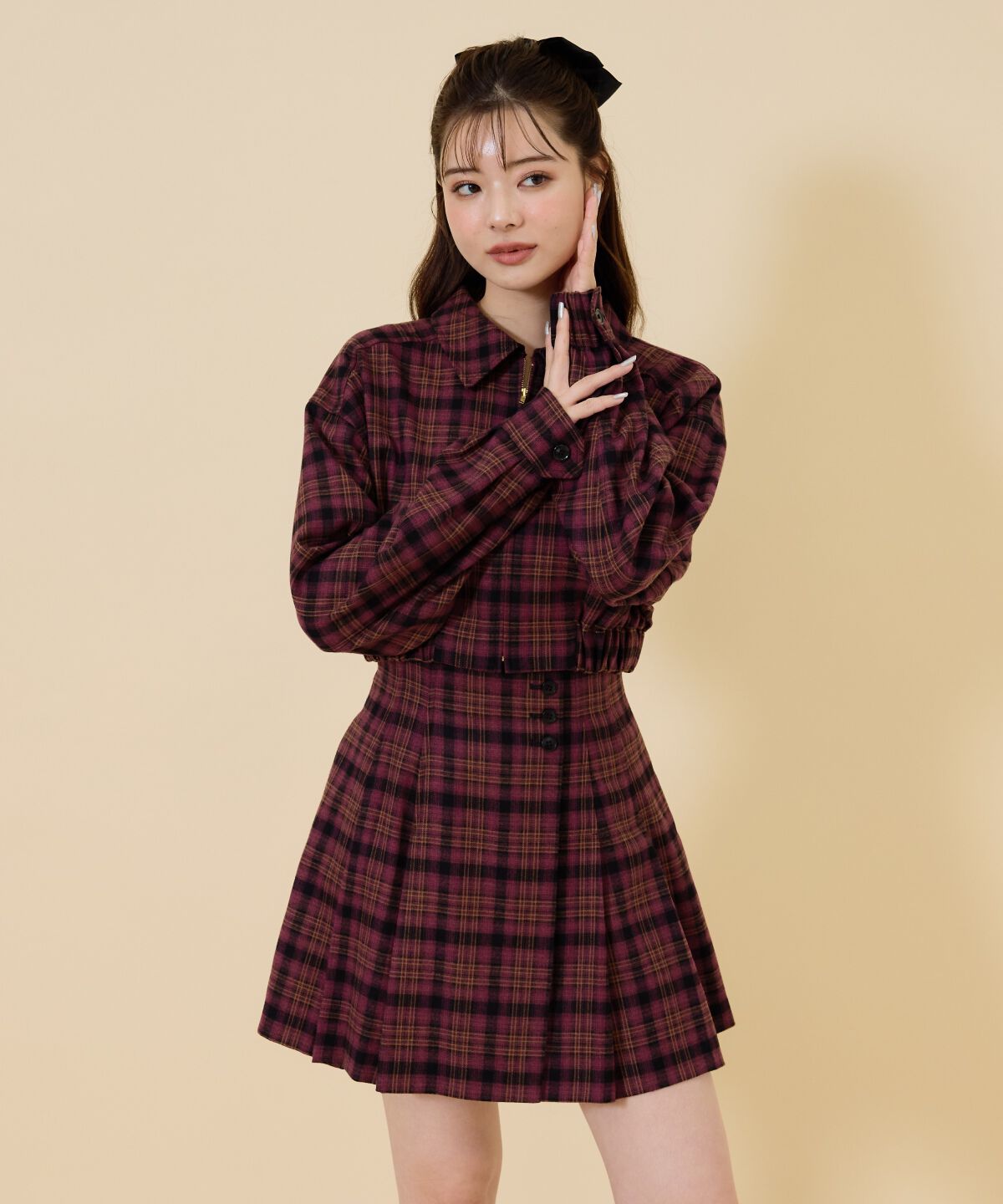 REDYAZEL「ハイウエストチェックミニスカート」|フレア|ピンク