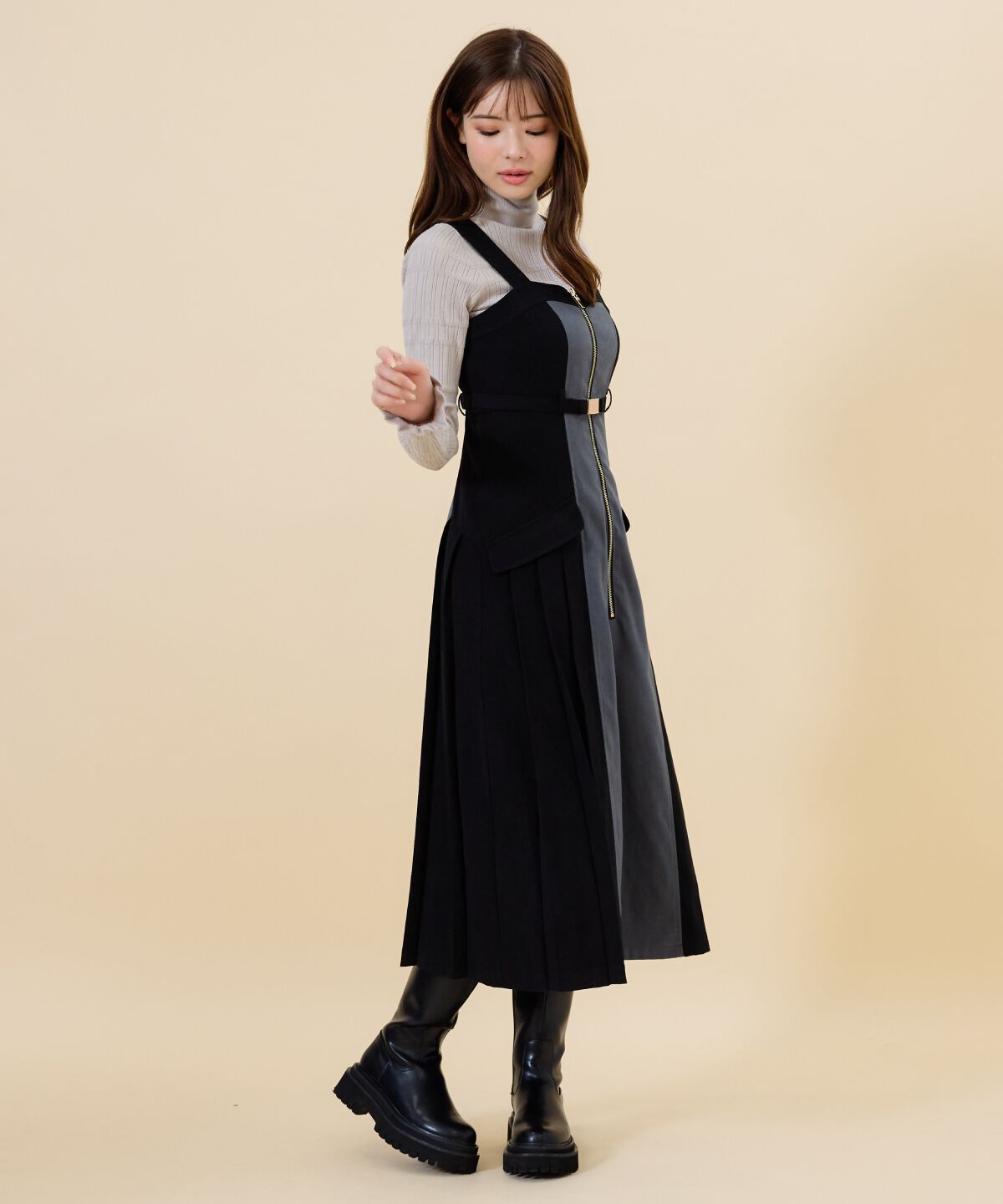 REDYAZEL「バイカラーサイドプリーツジャンパースカート」|ジャンパースカート|