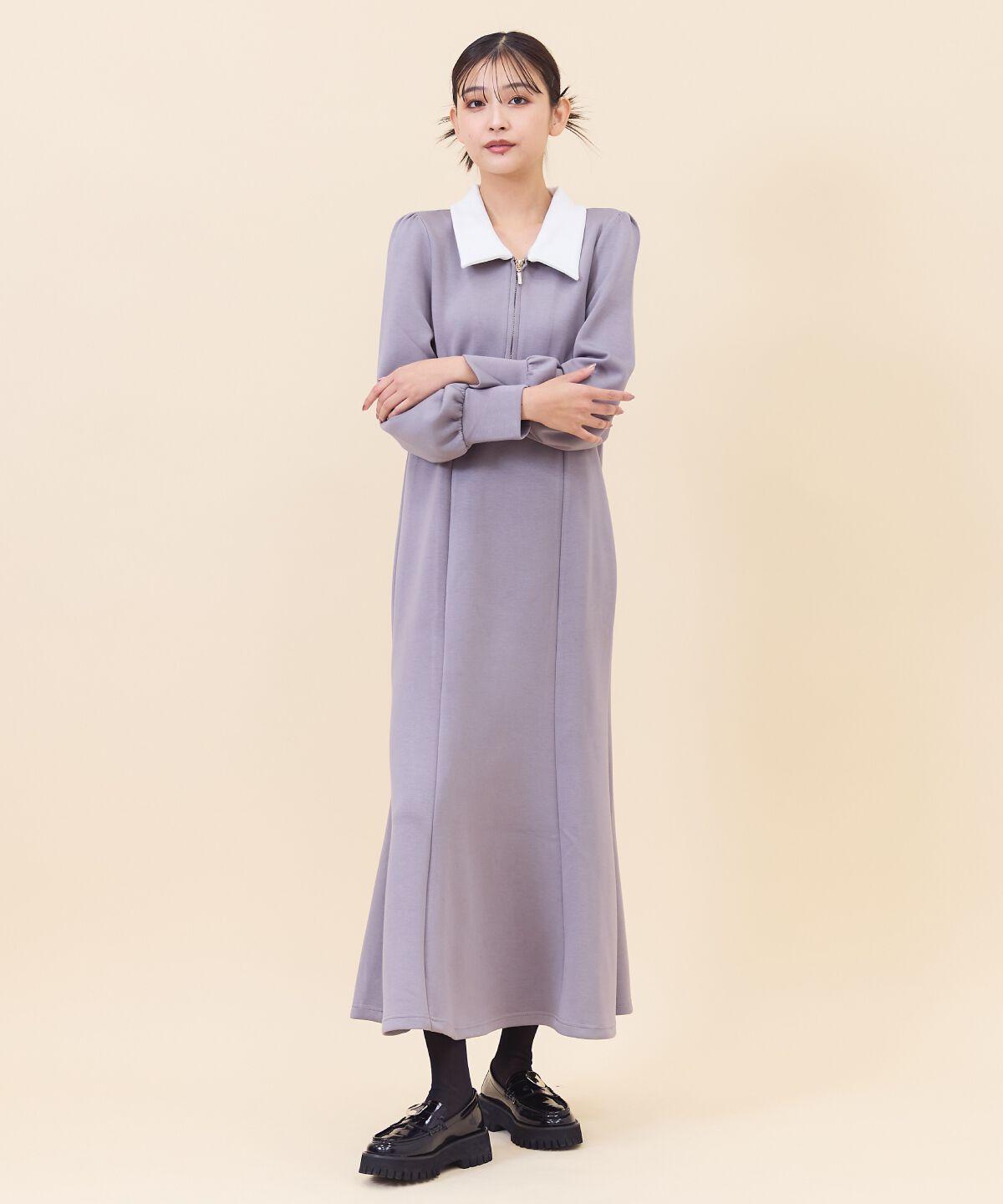 REDYAZEL「襟付きダンボールロングワンピース」|ワンピース|グレー