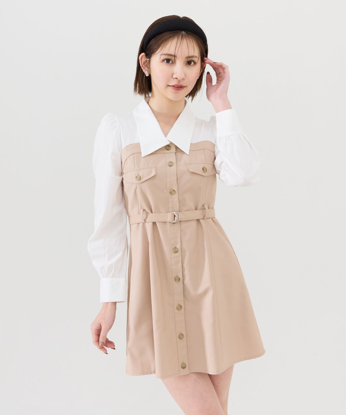 REDYAZEL「レイヤードデザインミニシャツワンピース」|ワンピース|ベージュ