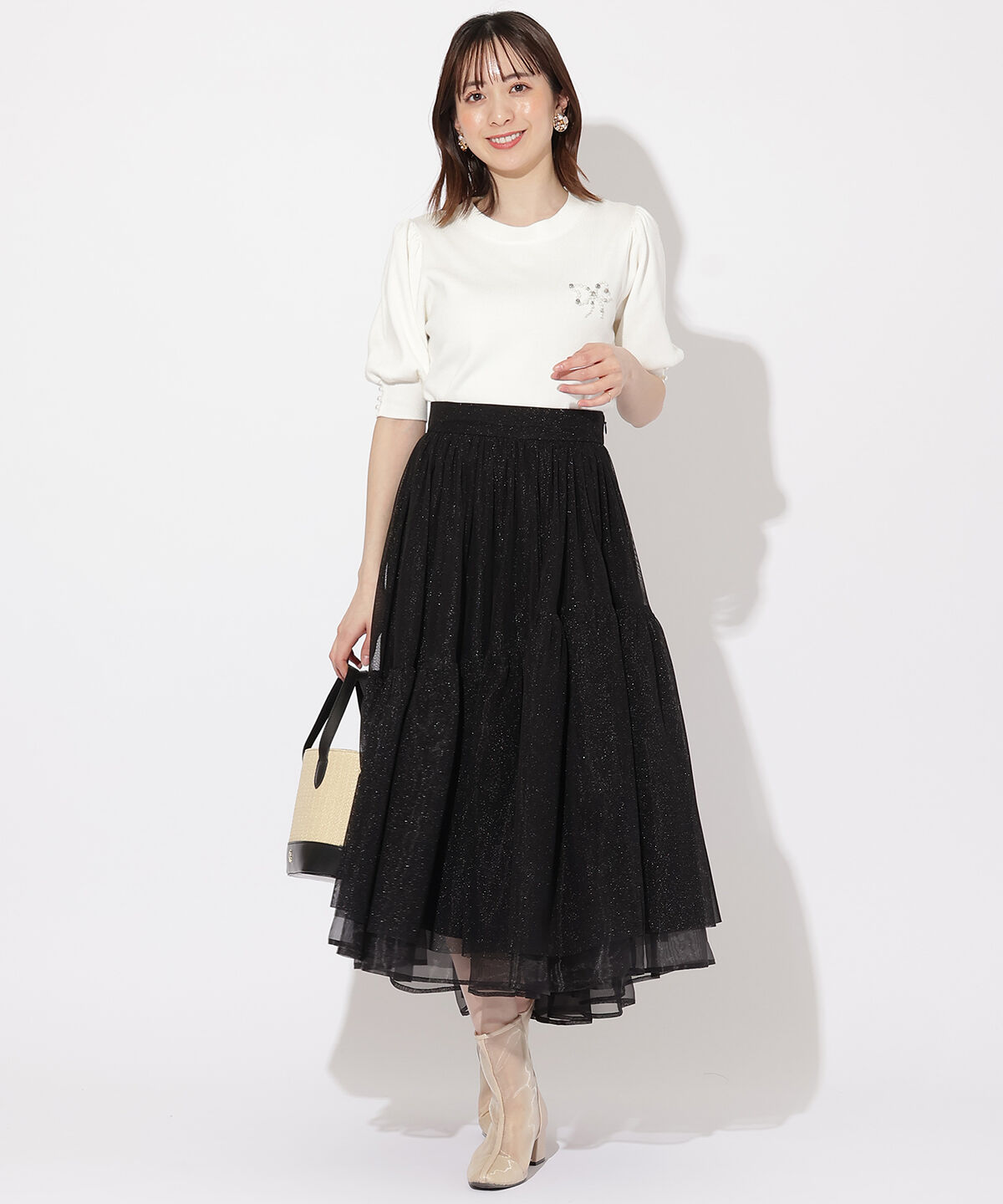 WILLSELECTION「ラメチュールボリュームスカート」|フレア|ブラック
