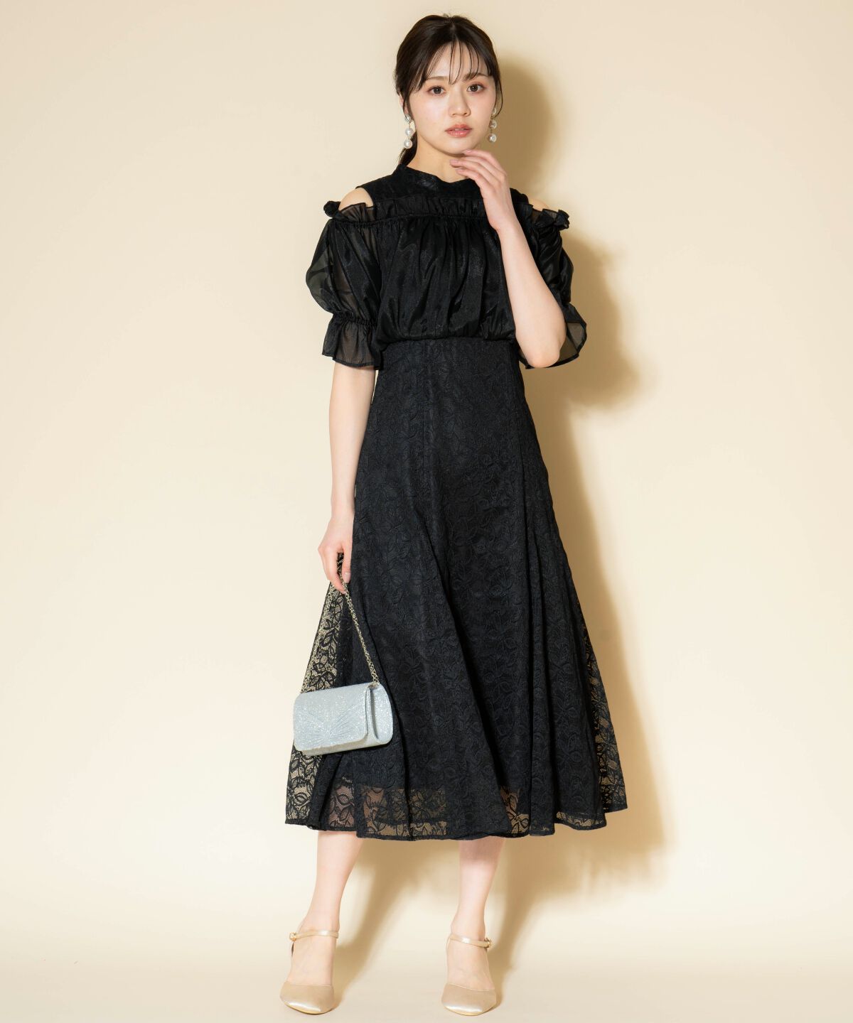 WILLSELECTION「オフショルレースドレス」|ドレス|ブラック